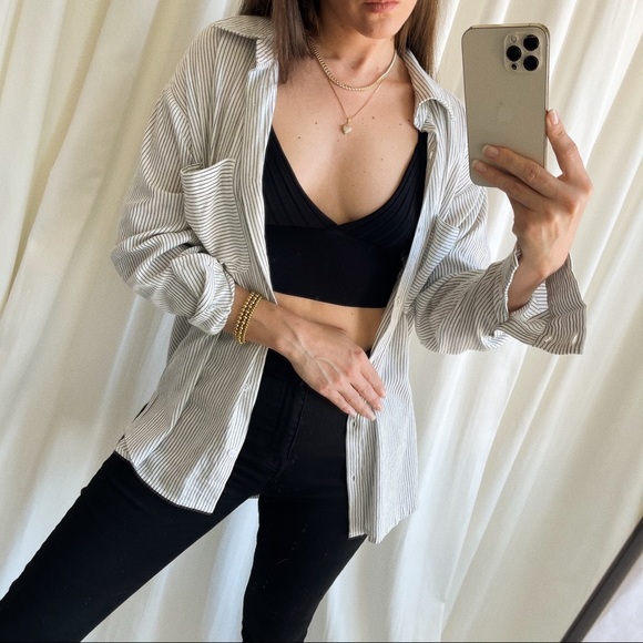 Classic Striped Button-Up Shirt—Ivory/Black - Picture 4 of 14